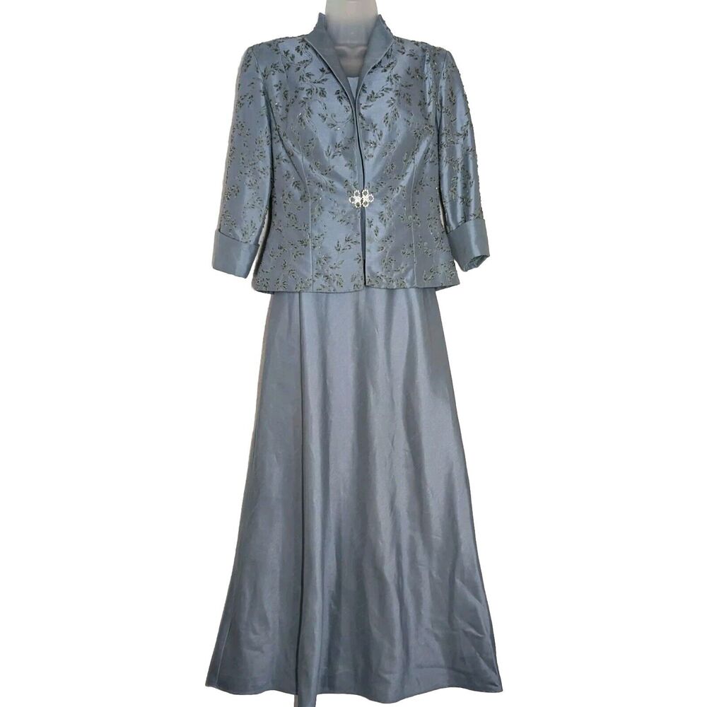 Cachet Formal Satin Gown w/ Beaded Jacket Women Size 8 Lt Blue Evening Bridal
